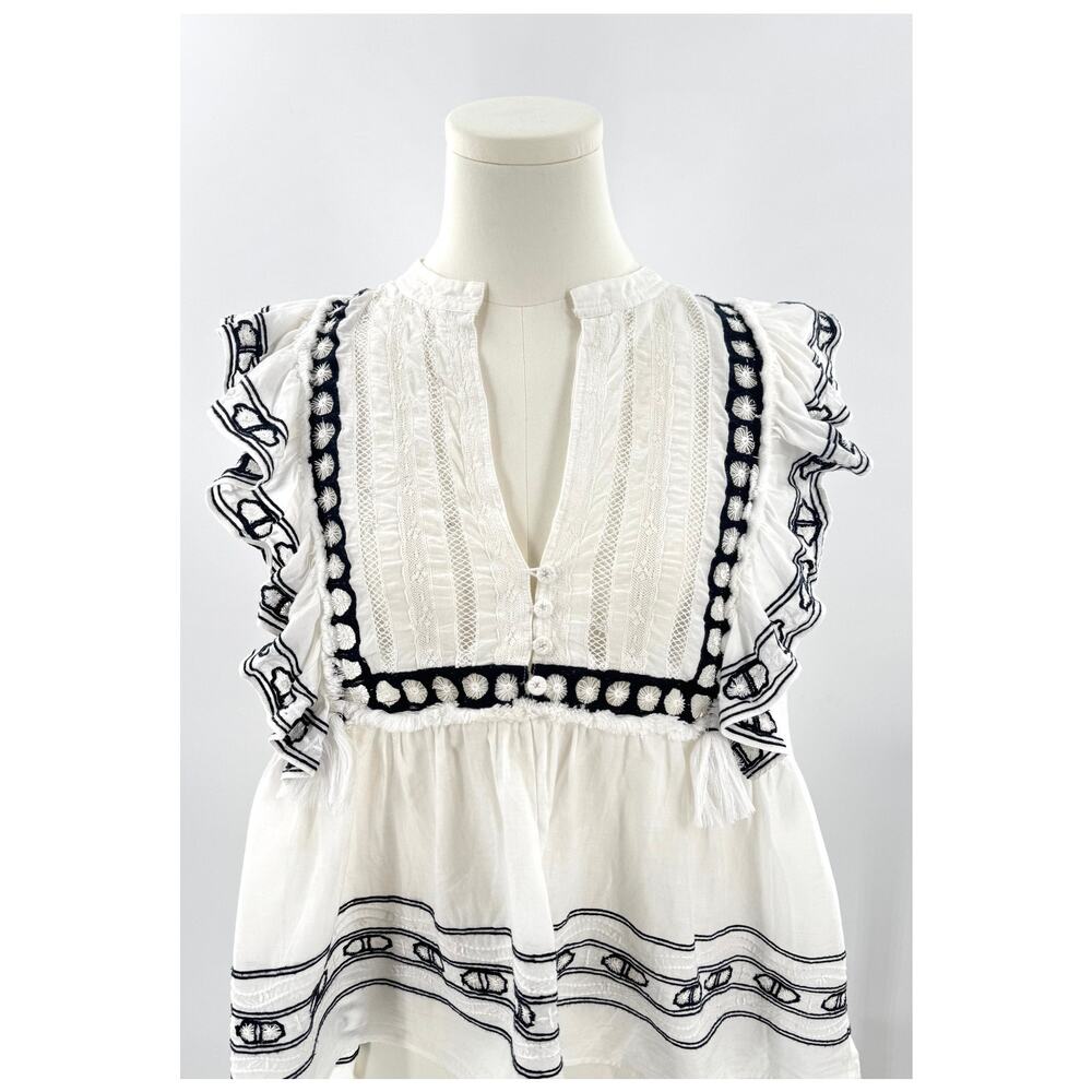 Sea New York White Navy Ruffle Cap Sleeve Top Embroidered Lace Blouse 6